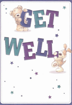 This charming get well card is infused with the warmth and sincerity one finds in Kidbrooke's close-knit circles. At its heart, a cuddly teddy bear gently holds the arching 'GET' while an eager puppy, all floppy ears and bright spirit, cozies up to the bold 'WELL' below. Their expressive faces and rounded forms radiate affection and playful encouragement, reminiscent of the cheerful bouquets delivered by Flowers Kidbrooke to homes near Sutcliffe Park. Deep purples and teals enrich the confident, bouncing letters, their colours reflecting the vibrant shades of local gardens after spring showers. Across the scene, scattered stars in blue and violet hint at magic and possibility, echoing the hope found in small acts of kindness. The pristine white background enhances the sense of calm and clarity, inviting one to feel comforted and cared for. The craftsmanship evident in every brushstroke parallels the attentive selection of blooms for a get well arrangement-proof that thoughtfulness can make a world of difference. Altogether, this card's design and mood gently reassure and uplift, making it an ideal companion to a bouquet sent with heartfelt wishes from Kidbrooke.