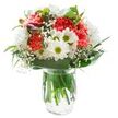 Infused with easy joy and youthful brightness, this bouquet reflects Kidbrooke's friendly ethos and green open spaces. At its heart, coral-pink carnations burst forth with their textured, ruffled petals, offering a sense of movement and lively charm. Clusters of crisp, multi-petaled white chrysanthemums, along with the playful addition of classic daisies adorned with vivid green centres, surround the carnations and bring natural lightness to the arrangement. Threads of delicate baby's breath mingle among the larger flowers, softening the outline with their cloud-like finesse. From one edge, several closed magenta alstroemeria buds peek discreetly, contributing depth and hinting at continued renewal-a nod to the ever-changing gardens around Kidbrooke Village. Broad and slender green leaves cradle the entire bouquet, creating an organic, harmonious framework. The clear glass vase, brimming with fresh water, puts the sturdy stems on display, highlighting the arrangement's just-gathered quality. Even, bright lighting draws out every hue and subtle shift in texture, ensuring this bouquet stands as a radiant centrepiece for local celebrations, thoughtful tokens, or simply filling a home with the spirit of Kidbrooke's community.